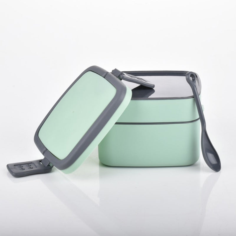 2837A GREEN DOUBLE-LAYER PORTABLE LUNCH BOX STACKABLE WITH CARRYING HANDLE AND SPOON LUNCH BOX , Bento Lunch Box 