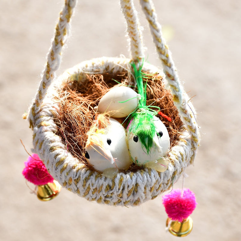 Artificial jute bird's nest, hanging with brown box