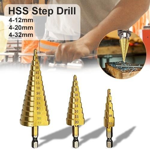 437 -3X Large HSS Steel Step Cone Drill Titanium Bit Set Hole Cutter (4-32, 4-20, 4-12mm) 
