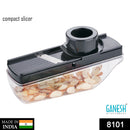 Black plastic vegetable slicer cutter by Ganesh, various perspectives.