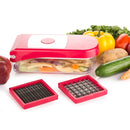 Ganesh red plastic chopper, vegetable and fruit cutter, shown from multiple angles.