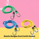 Versatile bungee cord with hooks for tying and securing items.