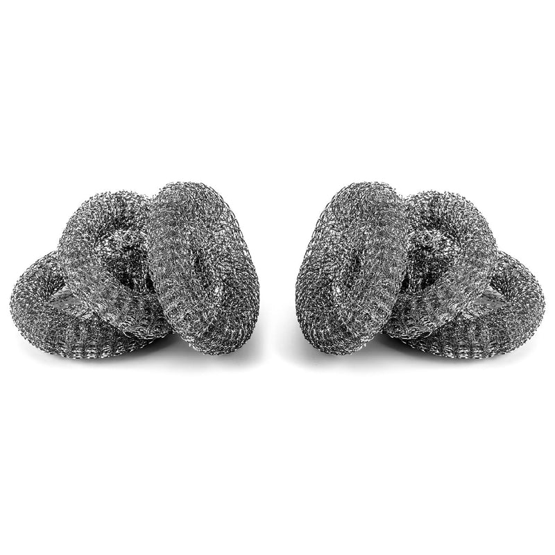 Set of 6 stainless steel scourers for tough cleaning jobs in the kitchen. Durable and rust-resistant.