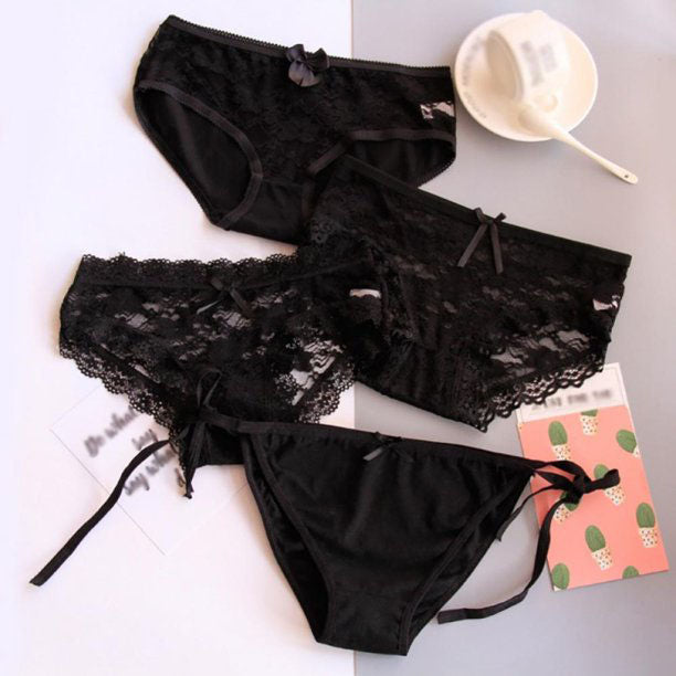 4 Pieces Black  Lace Nylon Panties