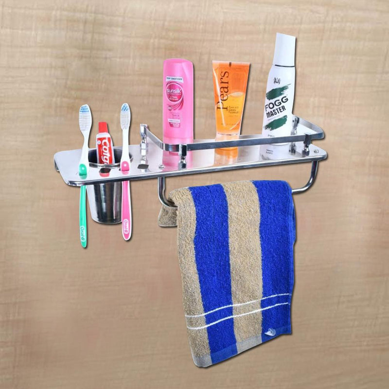 3259 Stainless Steel 3 in 1 Multipurpose Bathroom Shelf Rack Towel Rod Tumbler Holder with Brush Hanger Bathroom Accessories - 