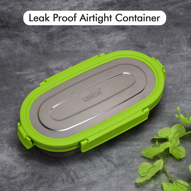8138 Ganesh Solo Oval 650 Stainless Steel Leak proof airtight Lunch Pack for Office & School Use 