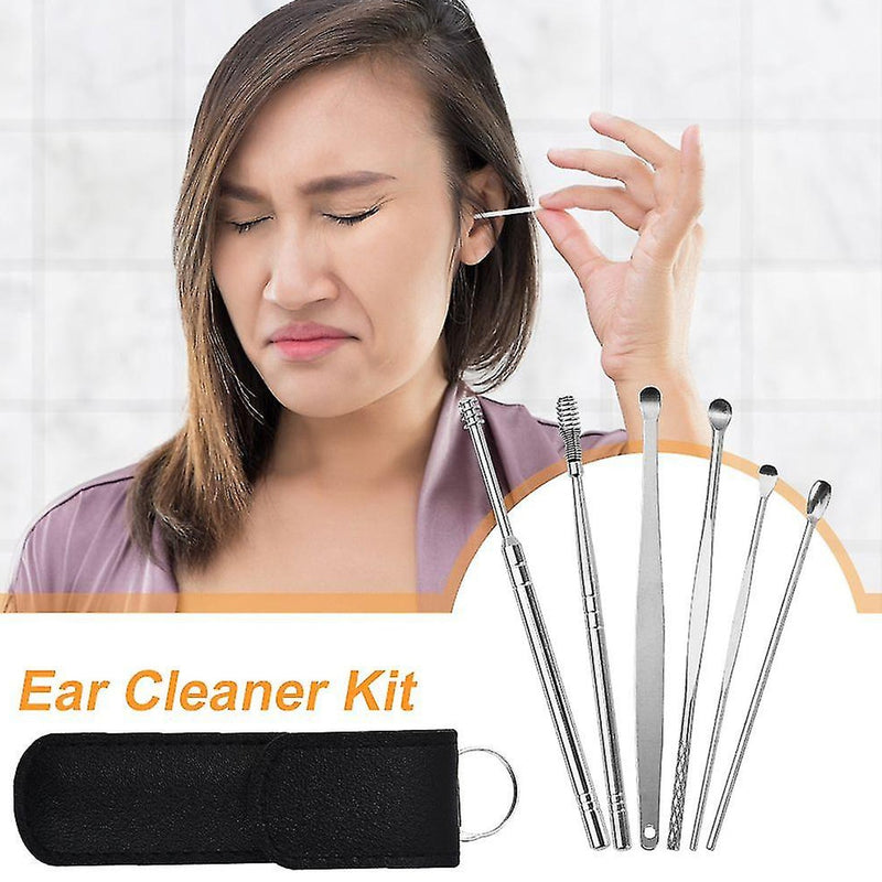 6317   6-in-1 Ear Wax Cleaner- Resuable Ear Cleaning Tools Leather Pouch - Ear Pick Wax Remover Tool Kit with Ear Curette Cleaner and Spring Ear Buds Cleaner Fit in Pocket Great for Traveling 