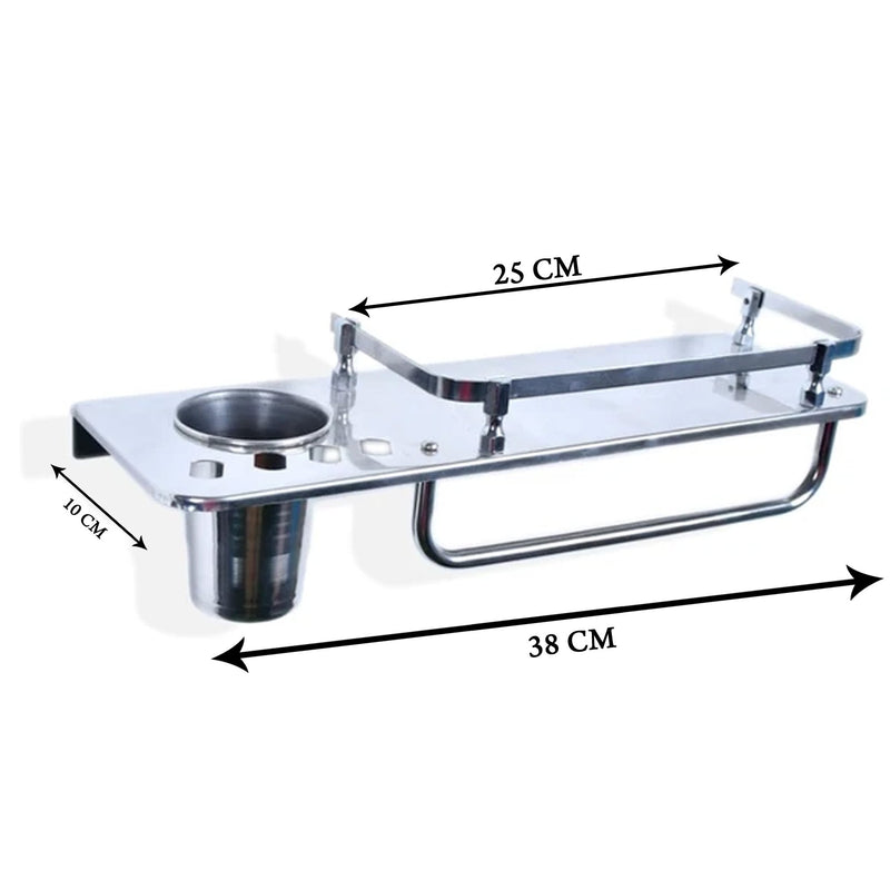 3259 Stainless Steel 3 in 1 Multipurpose Bathroom Shelf Rack Towel Rod Tumbler Holder with Brush Hanger Bathroom Accessories - 