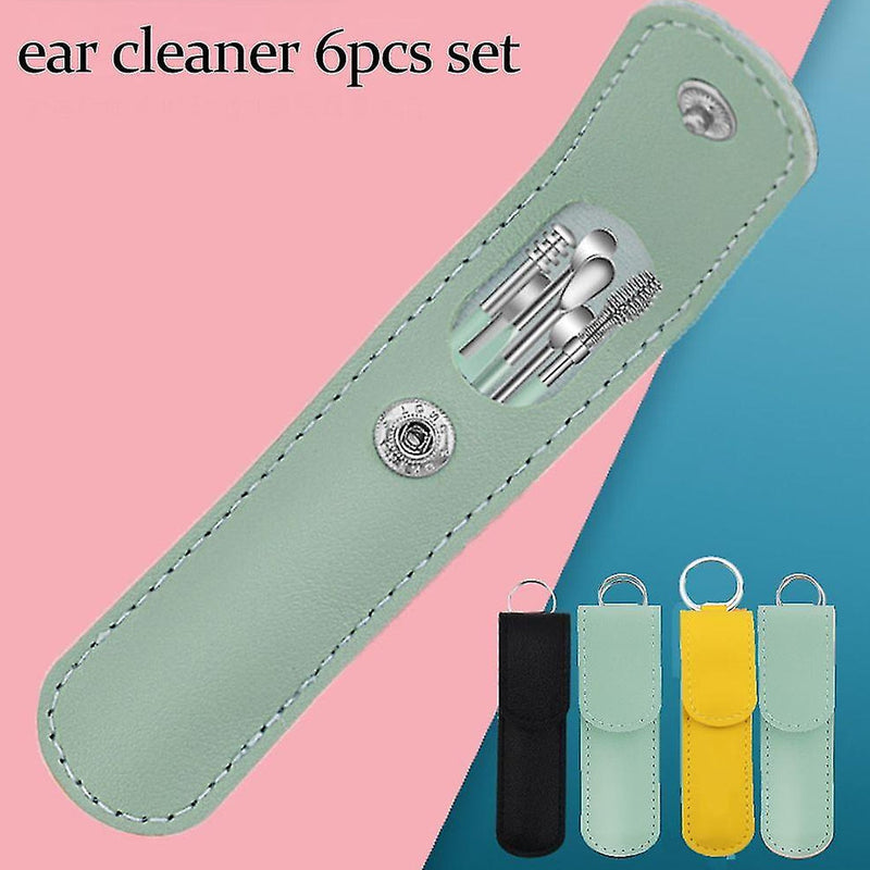6317   6-in-1 Ear Wax Cleaner- Resuable Ear Cleaning Tools Leather Pouch - Ear Pick Wax Remover Tool Kit with Ear Curette Cleaner and Spring Ear Buds Cleaner Fit in Pocket Great for Traveling 