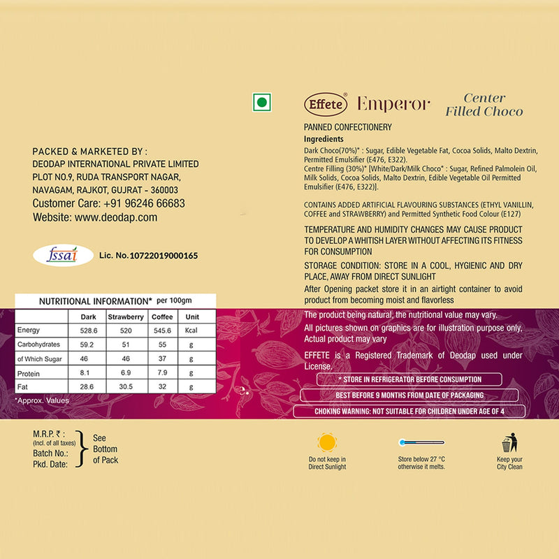 7831 Effete Center Filled Chocolate Emperor | Premium Chocolate | Cream Color Gift Pack. 