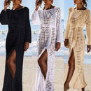 Summer Women Hollow Knitted Long Sleeve High Split Bikini Cover Up Maxi Dress