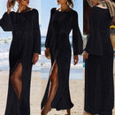 Summer Women Hollow Knitted Long Sleeve High Split Bikini Cover Up Maxi Dress