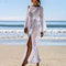 Summer Women Hollow Knitted Long Sleeve High Split Bikini Cover Up Maxi Dress