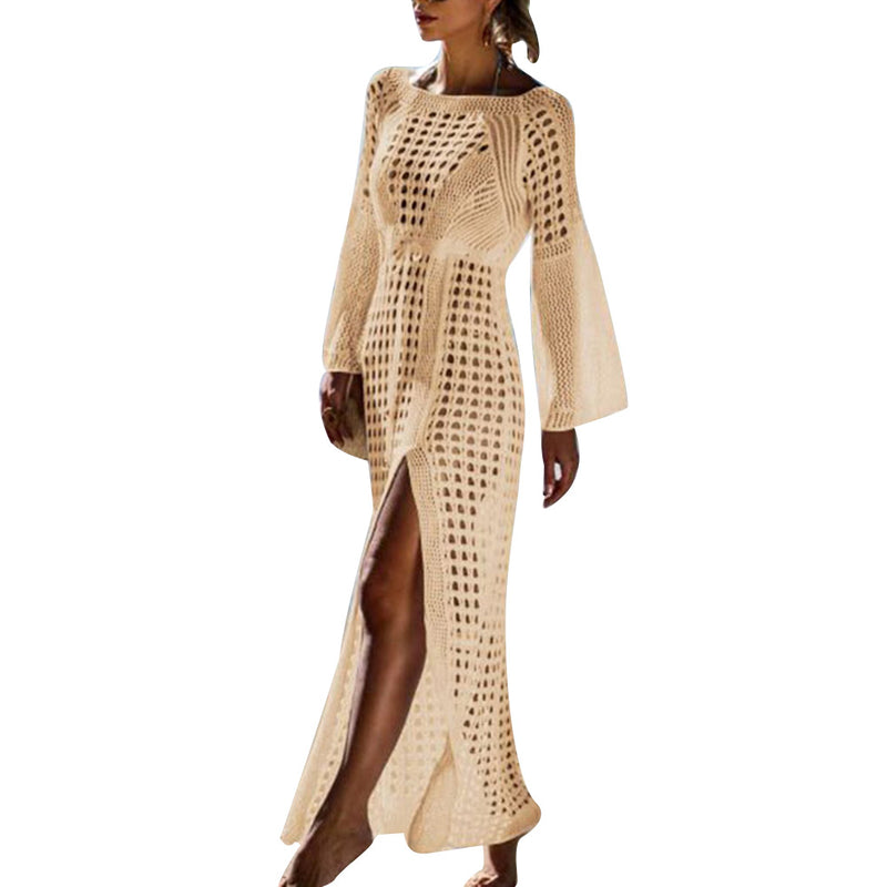 Summer Women Hollow Knitted Long Sleeve High Split Bikini Cover Up Maxi Dress