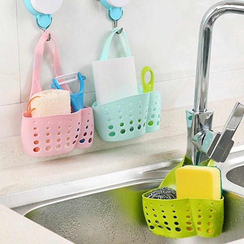 0762 Adjustable Kitchen Bathroom Water Drainage Plastic Basket/Bag with Faucet Sink Caddy
