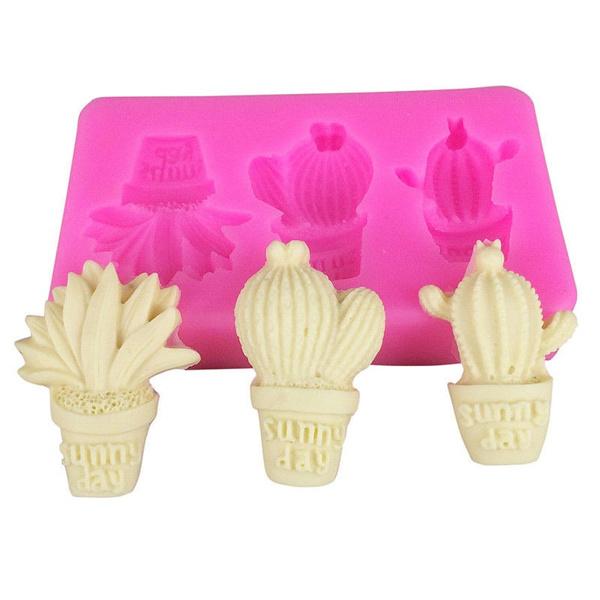 1137 Cake Decorating Baking 3 Cavity Cactus Silicone Chocolate Mold (Pink) - Opencho