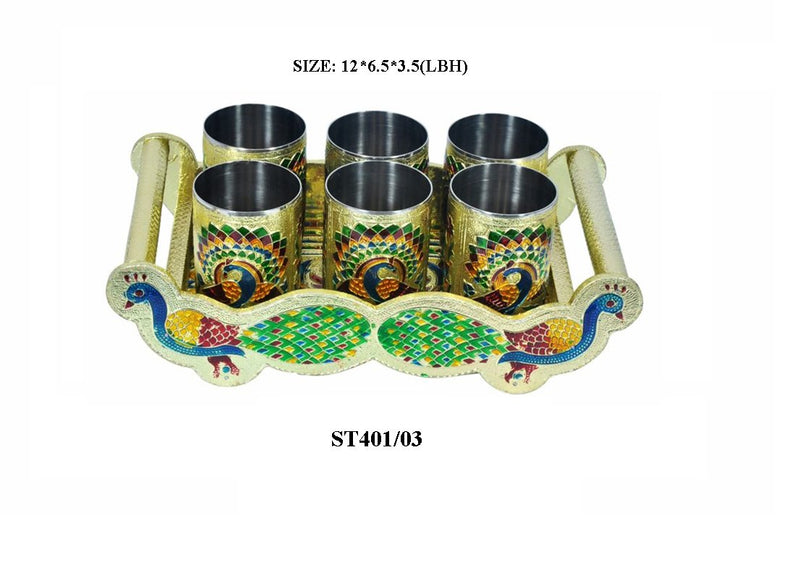 2125 Peacock Design Glass with Handle and Handicraft Serving Tray Set