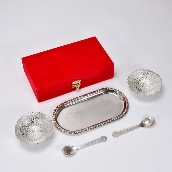 2947A Silver Plated 2 Bowl 2 Spoon Tray Set Brass with Red Velvet Gift Box Serving Dry Fruits Desserts Gift 