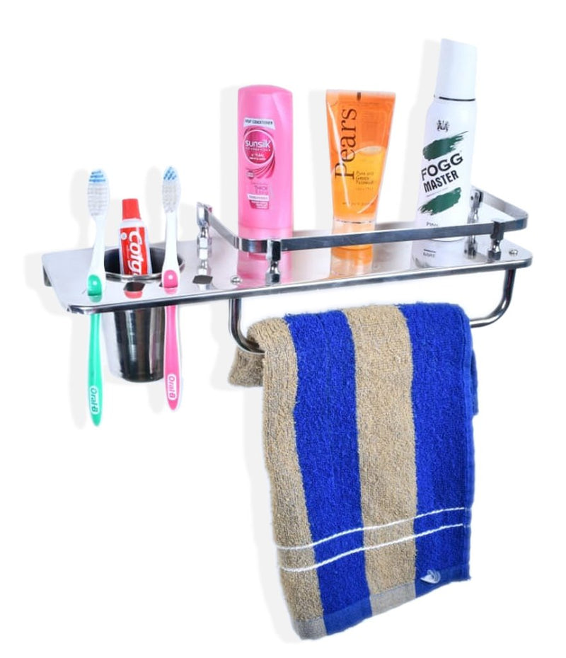 3259 Stainless Steel 3 in 1 Multipurpose Bathroom Shelf Rack Towel Rod Tumbler Holder with Brush Hanger Bathroom Accessories - 