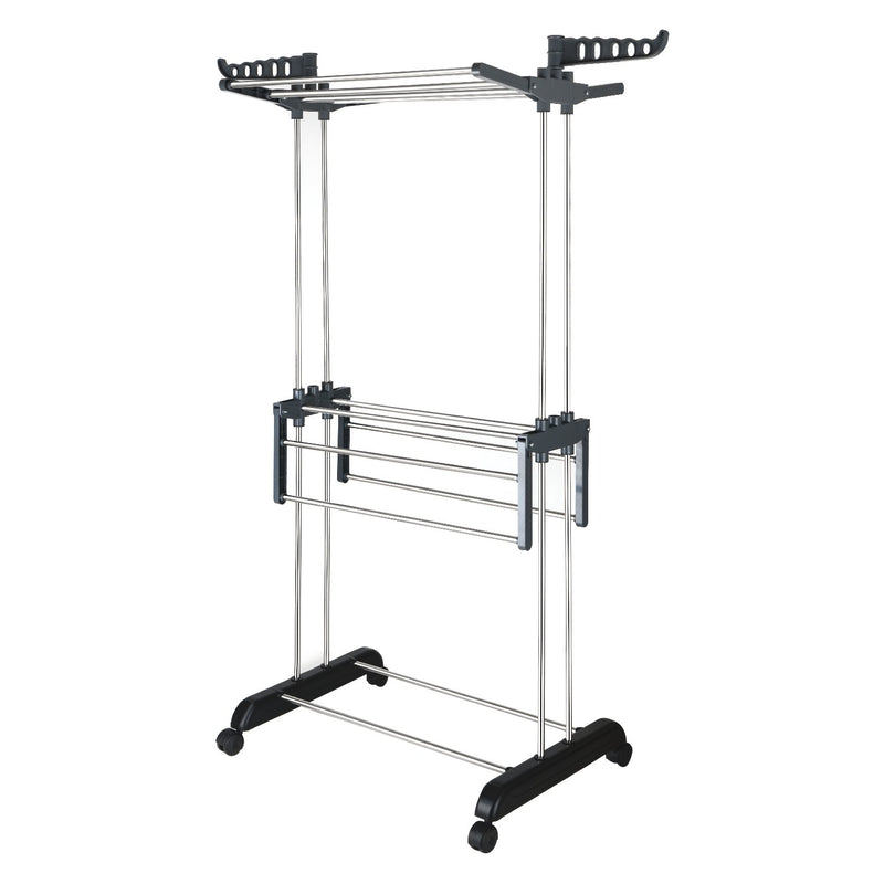 4624 Portable 2 Tier Stainless Steel and Plastic Cloth Drying Stand with Double Pole