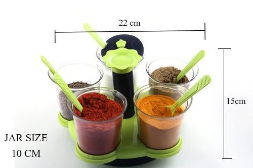 066 -360 Degree Pickle (Achar) / Storage Containers with Black Lids and Spoon (5 Jars with lid, 5 Spoons, 1 Tray) Multicolor