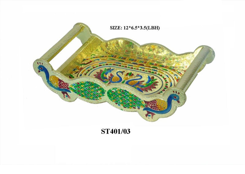 2125 Peacock Design Glass with Handle and Handicraft Serving Tray Set