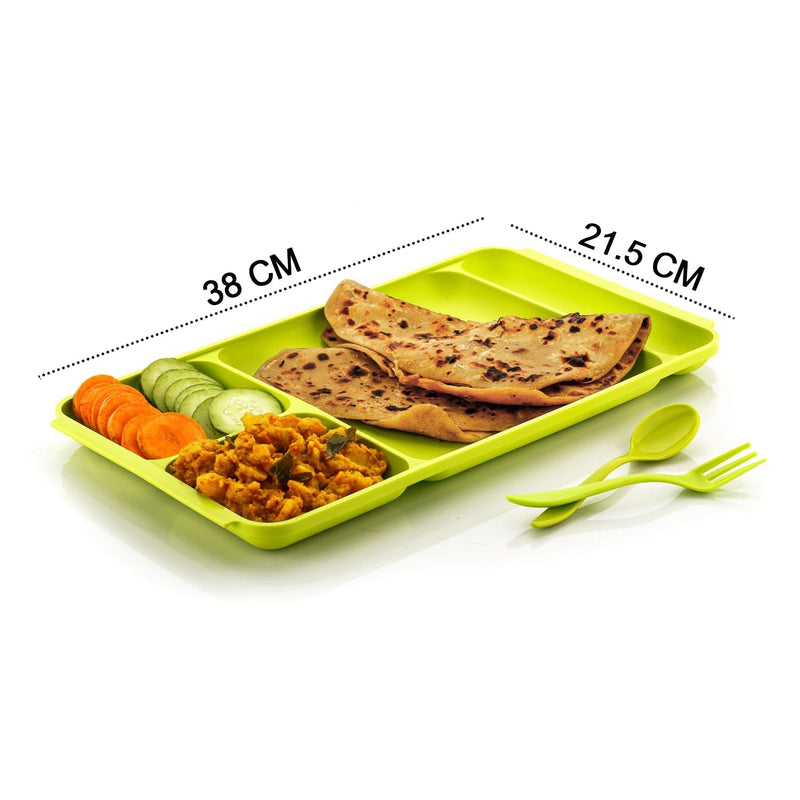 2037 4Compartment Dish with Spoon and Fork(1 Dish Set with 1Spoon and 1Fork) Dinner Plate Plastic Compartment Plate Pav Bhaji Plate 4-Compartments Divided Plastic Food Plate. 