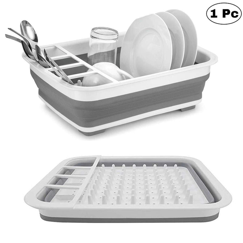 0804 Collapsible Folding Silicone Dish Drying Drainer Rack with Spoon Fork Knife Storage Holder
