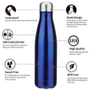 Blue Stainless Steel Vacuum Insulated Water Bottle | Thermos 500 ml Hot Cold Double thermal Wall hiking easy to carry school travel Flask Tumbler