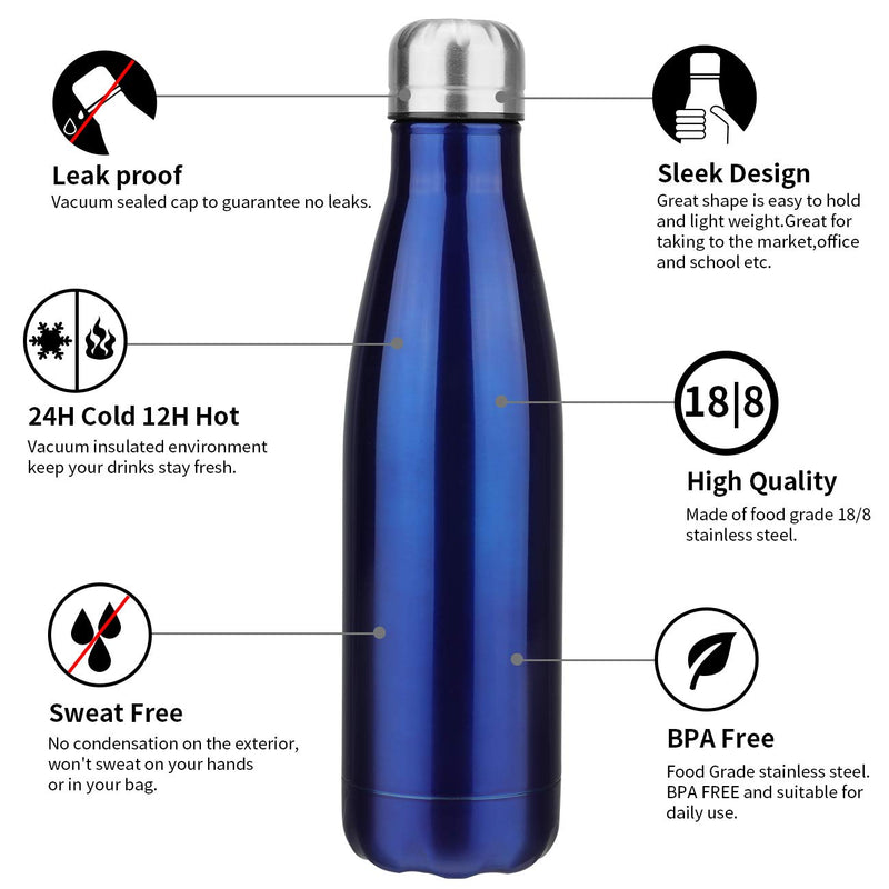 Blue Stainless Steel Vacuum Insulated Water Bottle | Thermos 500 ml Hot Cold Double thermal Wall hiking easy to carry school travel Flask Tumbler