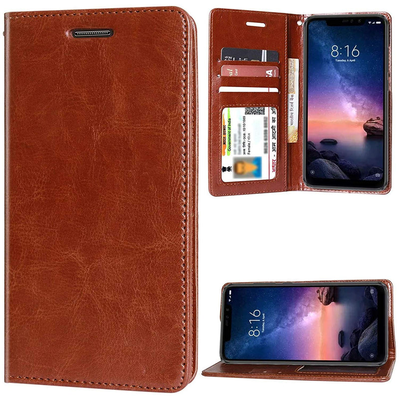 Back Flip Cover Case for Mi Redmi Note 6 Pro Leather | Foldable Stand | 2 Card Slot | 1 ID Slot Brown/Black - AHLV005600009BMI6PNC
