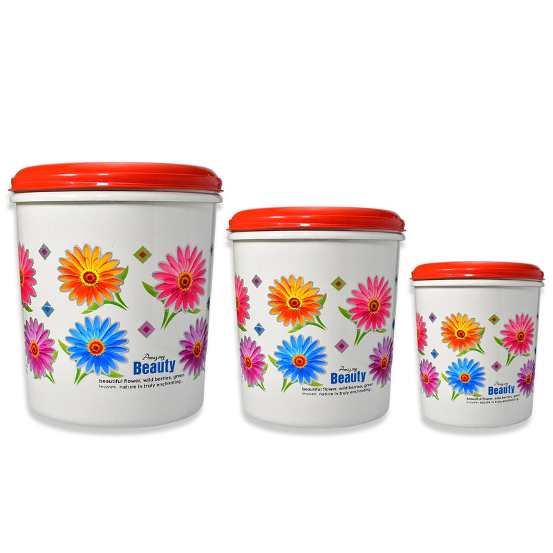 2062 Kitchen Airtight & Food Grade Plastic Floral Design Grocery Storage Container/Jar. Set of 3pcs - 5000ML, 7000ML, 10000ML 