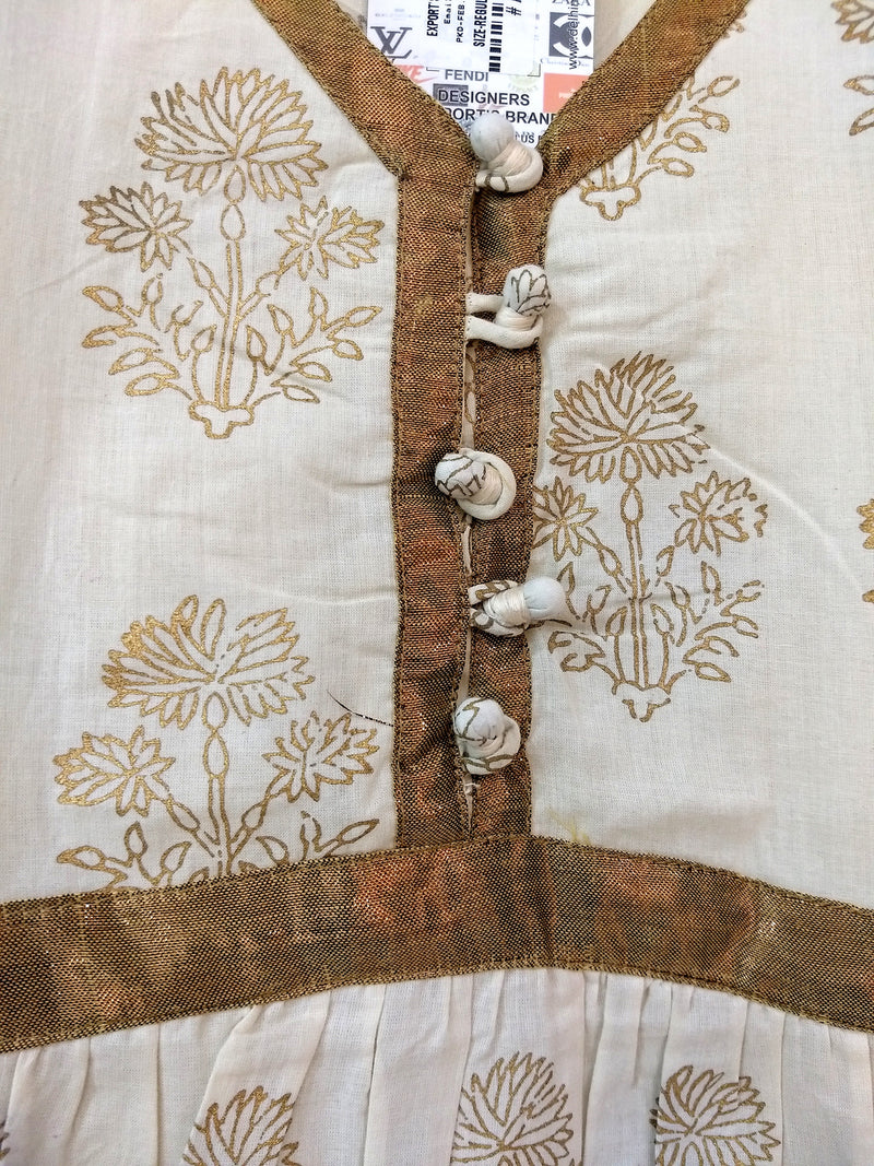 Off White Half Sleeve Stitched Kurti With Golden Print