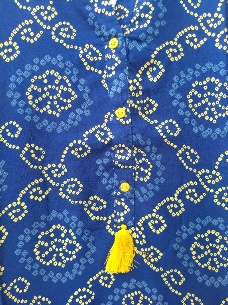 Kurti Blue Color With Yellow Dots & Buttons Bandni Print RMFK000300002BYDB