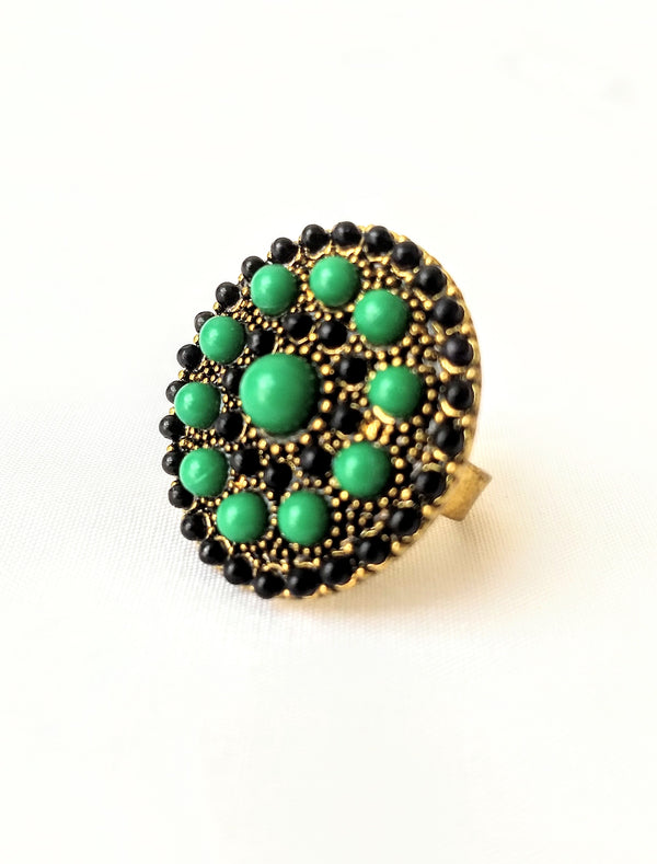 Green & Black Gold Plated Adjustable Casual Ring