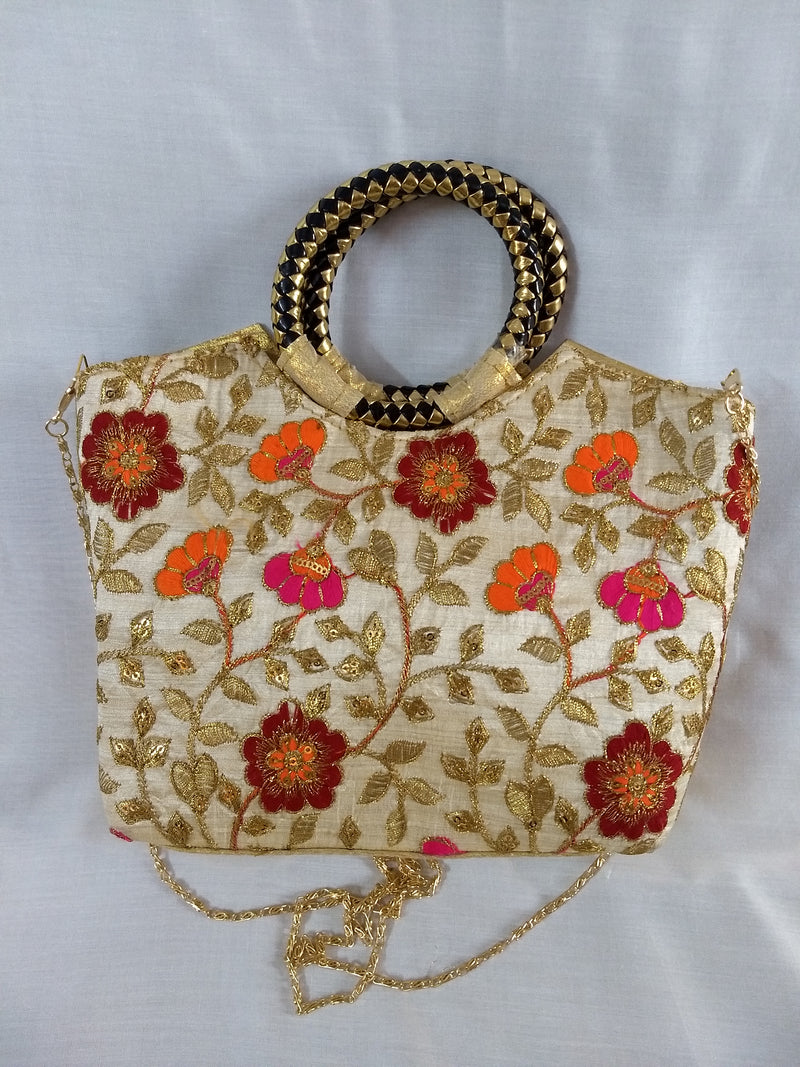 Embroidery Golden Sling Bag For Young Girls