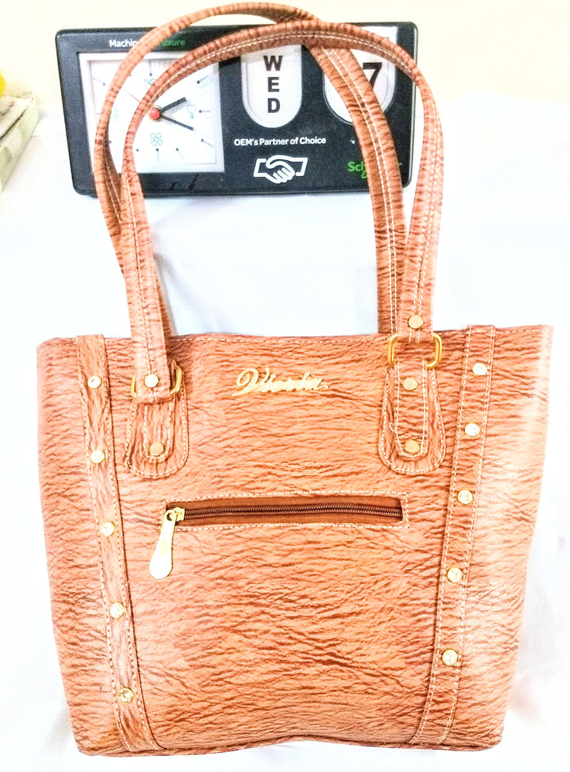 Wooden Brown Women Purse / Handbag Large Double Zipper Multi Pocket Compartment