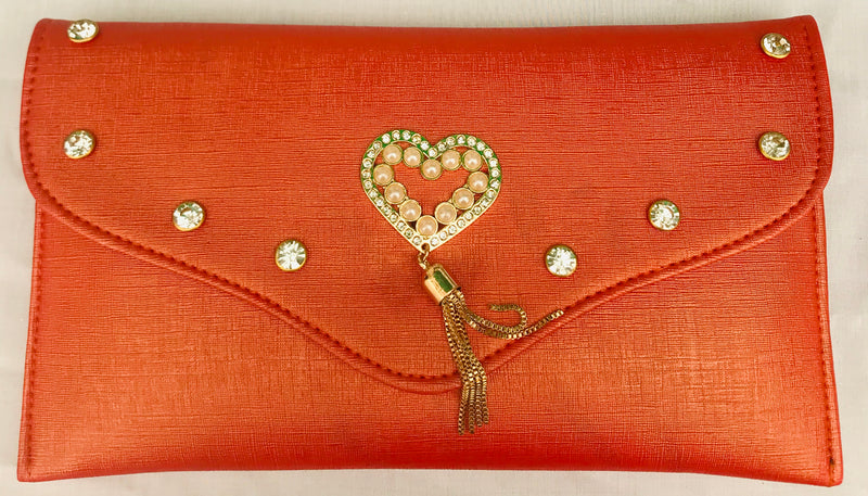 Orange Diamond Studded With Heart Brooch Clutch With Sling - YB00951ODSHH