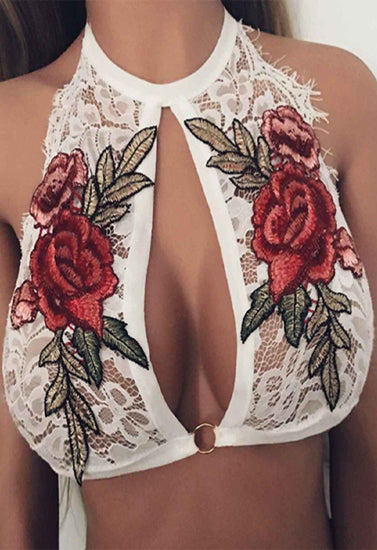 Floral Embroidery Sheer Lace High Neck Crop Top