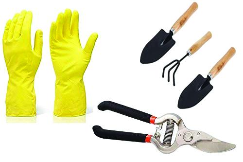 Opencho Gardening Tools - Reusable Rubber Gloves, Flower Cutter & Garden Tool Wooden Handle (3pcs-Hand Cultivator, Small Trowel, Garden Fork)