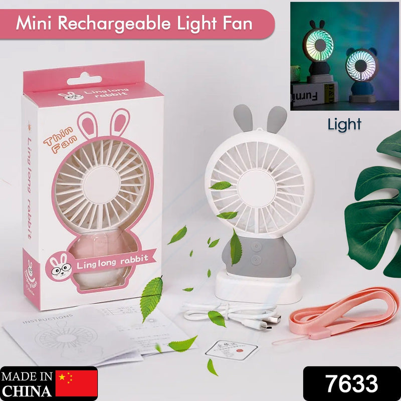 7633 Mini Portable Fan USB Rechargeable Handheld Rabbit Style Color Changing LED Light Pocket Desk Light Fan 